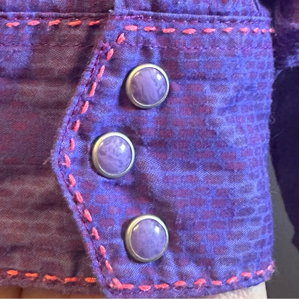 Women's Wrangler Snap Button Embroidered Sheer Shirt Purple Pink Sz M - Picture 3 of 12